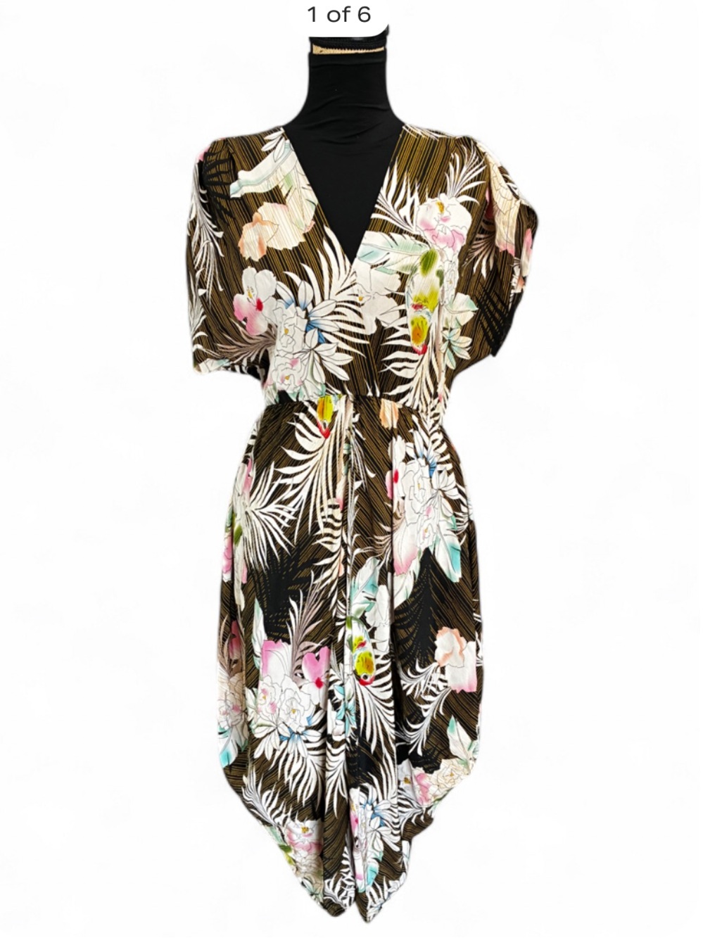 Myne Brown Floral V-Neck Wrap Dress with Pink & Green Accents